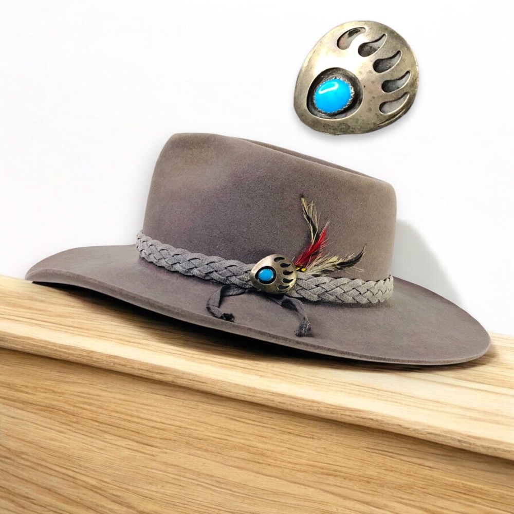 AKUBRA Felt Hat Sz 58 Navajo Sterling Silver Bear Claw Turquoise Native America